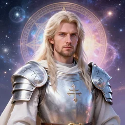 ( hyperrealistic portrait of a war cleric in an armor full of runes, the background is decorated with the universe ) by noah bradley, photorealistic, dynamic lighting, very detailed faces, trending on artstation, wallpaper, dream, 4 k, award winning, lovely pastel colors, ethereal, elegant