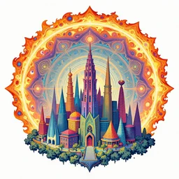 a colorful alien city,fractal burning halo, sacred geometry, intricate artwork by Tyler Edlin and Moebius and Giger, greg rutkowski, very coherent symmetrical artwork, cinematic, hyper realism, high detail, octane render, unreal engine, 8k, Smooth gradients, High contrast, depth of field by Jacek Yerka, Mariusz Lewandowski