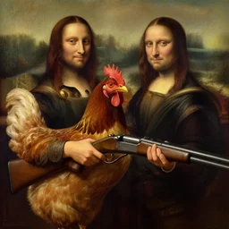 a chicken holding a shotgun, digital painting by Thomas Kinkade and Leonardo Da Vinci