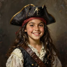 oil painting, smiling, happy, beautiful, intelligent, latin, tanned, female pirate captain 2 8 years old, flowing long hair, fully clothed, wise, beautiful, masterful 1 8 0 0 s oil painting, dramatic lighting, sharp focus