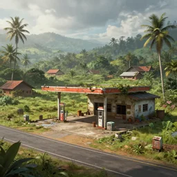 highly detailed 4K fantasy matte painting of an abandoned gas station near the road in a kerala village, dystopian style detailed digital art by Greg Rutkowski and Thomas Kinkade, trending on Artstation