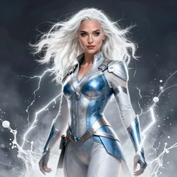 gal gadot as the character strom from x - men, white hair, lightning beings, epic splash cover art, by artgerm, greg rutkowski, james gurney, alex ross