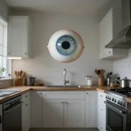 a kitchen. an eye that floats unblinking,