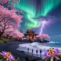 byodo - in temple on holokalani black beach of maui in royal blue antelope canyon during sakura season on an interstellar aurora borealis with heavy thunder and lightning, pink waterfalls, passion flower, by peter mohrbacher, james jean, james gilleard, greg rutkowski, vincent di fate, rule of thirds, octane render, beautiful landscape