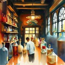 paint brush strokes, abstract watercolor painting of medieval pharmacy, western saloon, transparent glass bottles, reflective copper, cinematic light, american romanticism by hans dahl, by jesper ejsing, by anders zorn, by greg rutkowski, by greg manchess, by tyler edlin