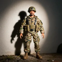 “an analog photograph of an action figure doll of Kendrick Lamar in army gear”