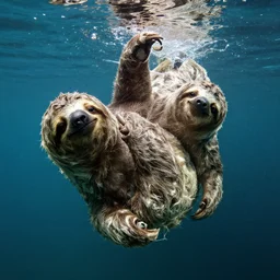 a three toed sloth swimming underwater, national geographic style, hyperreal