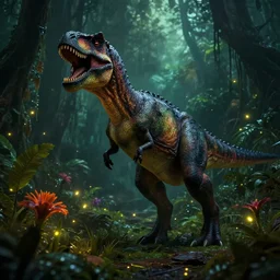 a dinosaur demon in a dark eerie jungle, fireflies, monster, flowery, moist, artstation, octane render, digital art.