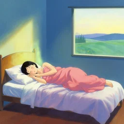 a woman sleeps in levitation above her bed vibrant by akihiko yoshida and edward hopper 8