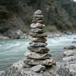 stone tower made of individual stones on the mountain river