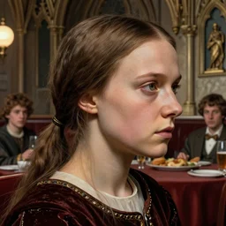 closeup profile medieval jan van eyck face portrait of greta thunberg in a 1 9 5 0 s diner, nicoletta ceccoli, mark ryden, lostfish, hyung tae, frank frazetta, depth of field, detailed and intricate gothic environment, 8 k resolution, hyperrealistic, octane render