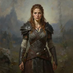 a full body high detail fantasy portrait oil painting illustration of maya hawke as a beautiful rugged stoic barbarian woman by justin sweet with face and body clearly visible, in a scenic background, pupils visible, realistic proportions, d & d, rpg, forgotten realms, artstation trending, high quality, sombre mood, artstation trending, muted colours, entire person visible!, natural light,