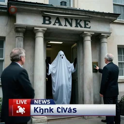 live news coverage of a ghost robbing a bank, high resolution