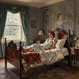 lucian freud painting of ema stone on a victorian bed in a big old room, wide shot