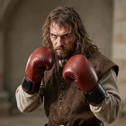 a medieval peasant wearing boxing gloves ready to fight