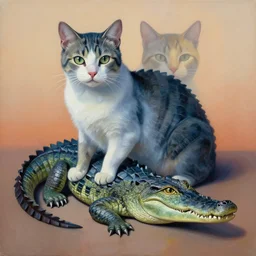 painting of hybrid between cat & crocodile, intercrossed animal, mixture animal, by tiffany bozic, by zdzislaw beksinski, biomorphic, cold hue's, warm tone gradient background, concept art, beautiful composition, digital painting,