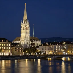 Digital painting of Neo-Gothic Zurich, Limmat and the lake at night, wide angle, volumetric light, hyperdetailed, Alsp in the background, artstation, cgsociety, 8k