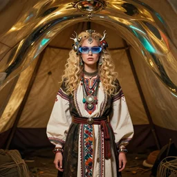 vertical photo of polish female in primitive space tunel, blonde, curly hair, symmetrical beautiful face, cyberpunk glasses, cyberpunk decorations and jewelry, native costume, standing in the primitive tent, fashion editorial photography, hyperrealistic, from vogue magazine, reflections, refraction, gold, teal, orange