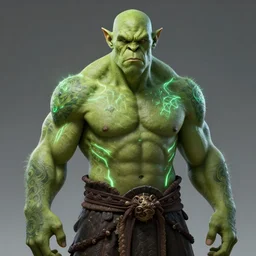 full body portrait of green - skin orc warrior, shirtless, broad chest, glowing magical tattoos, neon lines. detailed face, concept art, intricate, highly detailed 8 k, smooth, sharp focus, handsome and aesthetic shape of face and body, artgerm, artstation, art by zexi guo and nira and junpei suzuki and gharliera and rinotuna