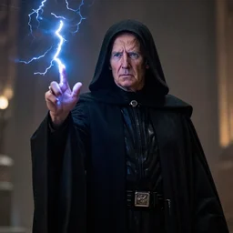 emperor palpatine, joe biden!! in star wars as emperor palpatine! movie still, cinematic lighting, wearing hooded black robe, unlimited power, ray tracing, octane render, long lens, shallow depth of field, bokeh, 8 k, hyper detailed, 3 5 mm film grain, arcing lightning coming from his fingertips