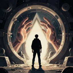 An ultra detailed digital illustration of a figure standing infront of a portal. Inside the portal two enormous hands emerge, art by robbie trevino, trending on artstation,