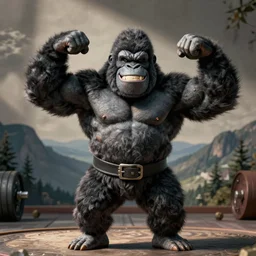 powerlifter gorilla flexing his arms and smiling mischeviously at the camera, photography, high definition, detailed