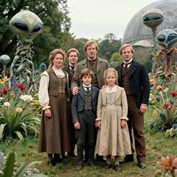 sharp, highly detailed, 40960k film, 175000mm film still from a sci fi blockbuster color movie made in 2019, set in 1860, of a family standing in a park, next to some strange alien plants and flowers, on an alien planet, the family are all wearing 1860s era clothes, good lighting, ultra high definition, ultra enhanced faces, in focus, 35mm macro lens