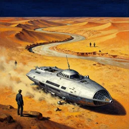 the crash site by will barnet and ivan shishkin and zacharias aagaard and simon stalenhag and escher, spaceship in a dry river bed, barren desert landscape, chiaroscuro, tonalism, sfumato, high saturation, high contrast, vibrant, highly intricate details, dusty