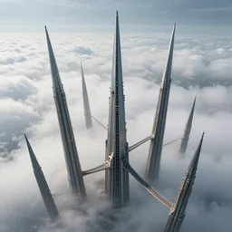 the last guardian skinny towers, looking down from giant ancient thin towers poke out of the clouds, spire connected with rope bridge!!, babel, vertigo, huge distance, by craig mullins, by ruan jia!, ( ( dr sues ) ), cold, dramatic lighting