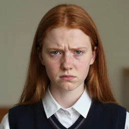 portrait of a thin adolescent white woman with round face wearing a school uniform, 1 6 yo, annoyed look, skin pores, acne, uneven skintone, dry skin, redhead, center parting, straight hair, in the morning, ambient light, sigma 8 5 mm, nikon 5 0 mm f / 1. 8 g, by lee jeffries