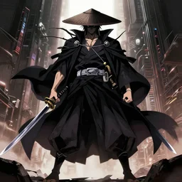 a towering cyberpunk god, menacing, badass, epic, katana, wearing a cloak, rice hat, full body view, front shot, anime art, highly detailed