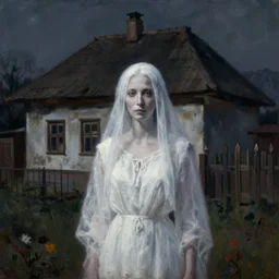 a ( ( ghost woman in white dress ) ) in front of a 1 9 th century, old hungarian peasant house. closeup, atmoshperical, midnight, dark, realistic, highly detailed, shadows, mysterious, oil canvas by szinyei merse pal, mednyanszky laszlo, meszoly geza, and lotz karoly