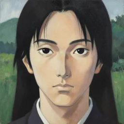 a portrait painting of a character in a scenic environment, texture by nobuhiko obayashi, black eyes, high contrast