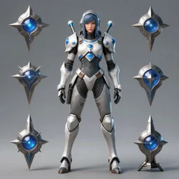 a portrait of a starcraft sniper woman, blizzard character portrait, grey armor, white and blue accents, ultra realistic, wide angle, intricate details, the fifth element artifacts, highly detailed, artwork by blizzard