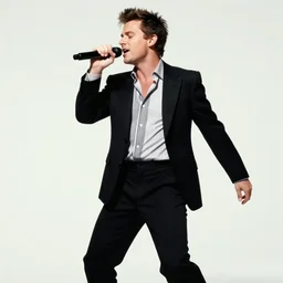 young Rick Astley performing Never Gonna Give You Up, singing into a microphone, dancing, black suit, striped shirt, light background, full color photograph, 4k