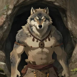 burly tough character feature portrait of the anthro male anthropomorphic wolf fursona animal person wearing tribal primitive caveman loincloth outfit full wolf fur body standing in the entrance to the cave, head center framed character design stylized by charlie bowater, ross tran, artgerm, makoto shinkai, detailed, soft lighting, rendered in octane