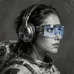 neon cyberpunk programmer with glowing geordi cyclops visor over eyes and sleek headphones headshot desaturated profile portrait painting by donato giancola, dean cornwall, rhads, tom whalen, alex grey astronaut fashion photography