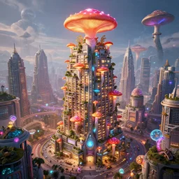 a single centered magnificent mushroom skyscraper hotel mall, heavily populated and full of life, bioluminescent magical mushrooms solarpunk city, unreal engine 5, immense sense of scale, digital art by beeple, trending on artstation