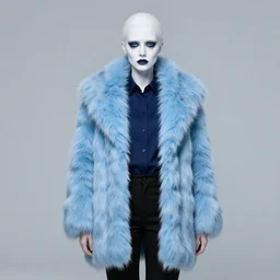 Full body Portrait of a female cryomancer, pale white skin, dark blue open eyes, gorgeous lady, sky-blue thick fur coat, navy shirt, black leggins, beautiful sculptured face, dark blue lipstick!, kissing smile, pillars of ice background, extremely detailed, by frank franzzeta, WLOP, Genzoman and gary gygax, trending on artstation, artstationHD, artstationHQ, deviantart, 16K, HD, matte painting, vibrant colors