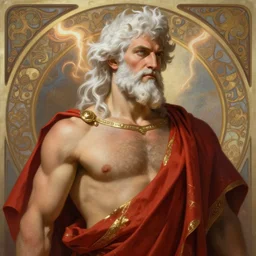 painted portrait of rugged zeus, god of thunder, greek god, white hair, masculine, mature, handsome, upper body, red and gold, linen, drape, muscular, hairy torso, fantasy, intricate, elegant, highly detailed, digital painting, artstation, concept art, smooth, sharp focus, illustration, art by gaston bussiere and alphonse mucha