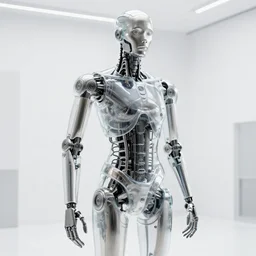 titanium cybernetic endoskeleton in a white room : : transparent shell made of glass