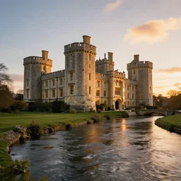 most beautiful castles in the uk, flowing river, sunset lighting, hyperrealism, futurism 4 k, octane render