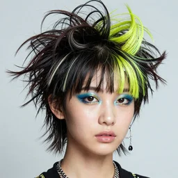 japanese model with maximalist hair style and makeup, bright colors, fashion model, portrait shot, gliter, depth of field, 8 k, hyper detailed, intricate, trending on artstation