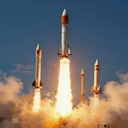 a group of rockets taking off in the sky, realistic painting, high definition, digital art, matte painting, very detailed, realistic