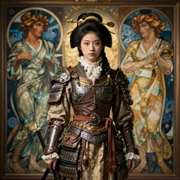 detailed ultrarealistic photography of victorian rustic heroic warrior japanese girl, moebius, ian miller, mucha mignola, cinematic, full shot