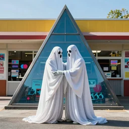 Two fashionable ghostly figures embracing in front of a video rental store in the shape of a pyramid, ultra high resolution photo, strong directional light