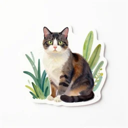 single vinyl sticker of a gouache cat and plants, white background, high quality, studio lighting
