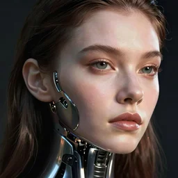 close - up portrait of beautiful young cybernetic woman, body metal skin, human face, cyborg, art by tim walker