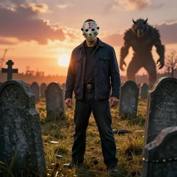 jason voorhees in the big graveyard gravestones, with werewolf monster in far background, backlight, sunset, very detailed 8 k hyperrealistic landscape by frazetta