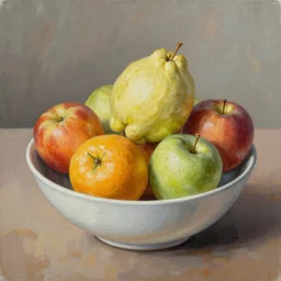 a hyperrealistic painting of fruit in a bowl